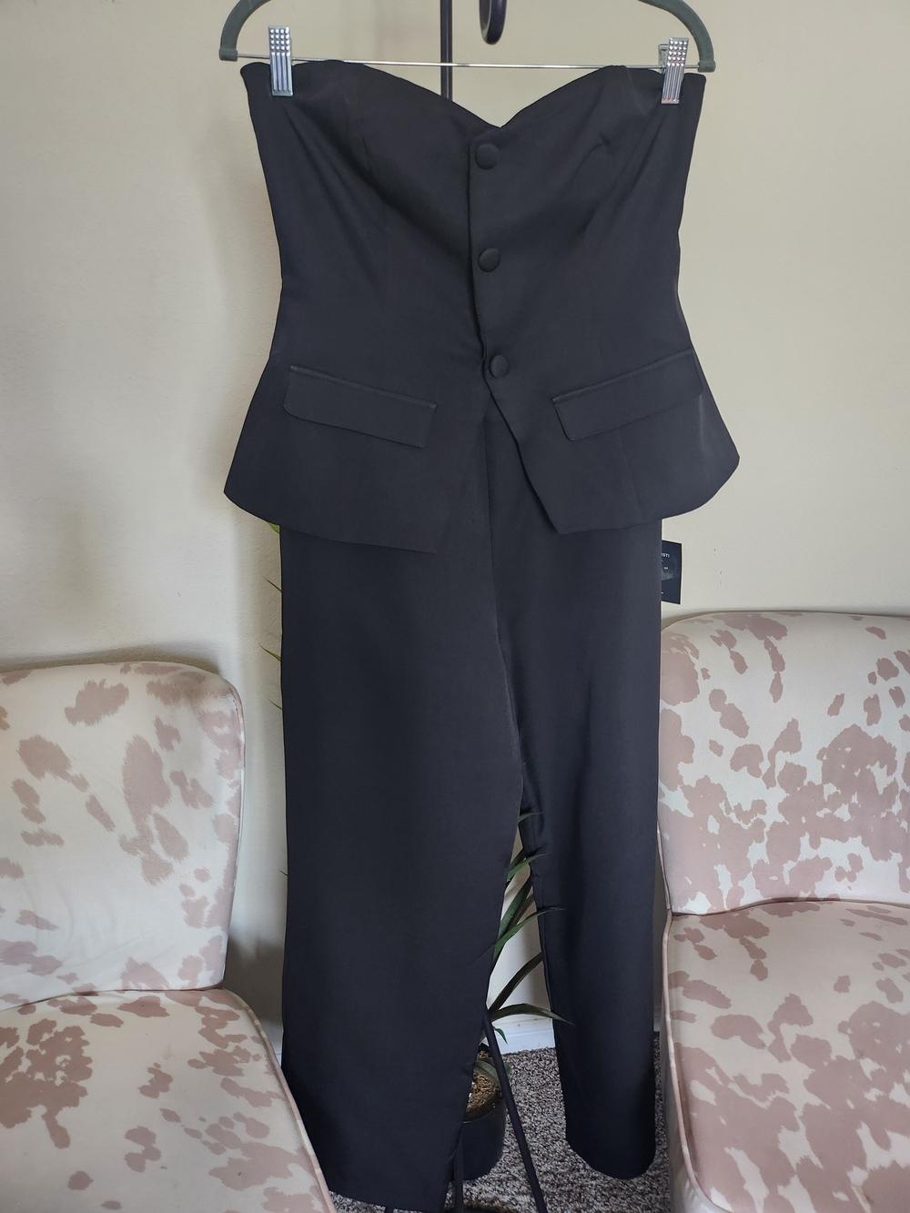 Strapless Black Tailored Jumpsuit with Buttoned Peplum